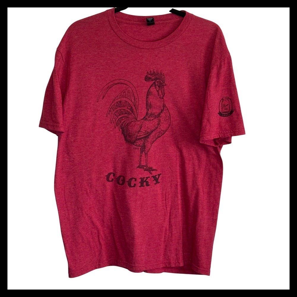 Mason Jar Label Cocky Rooster Graphic T-Shirt Mens Large L Heather Red Short Slv